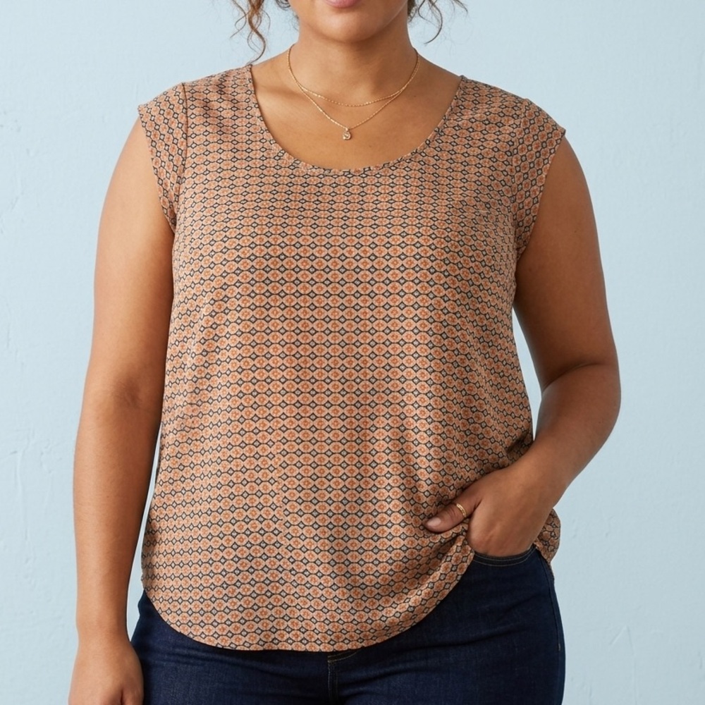 Daniel Rainn Geometric Print Sleeveless Shell Blouse - Orange & Black Size L